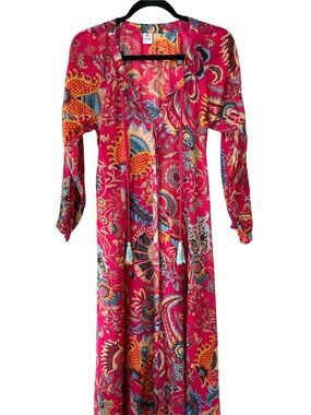 Raj Indira Raspberry Maxi Dress Sheer Cover Up Floral Paisley Boho Beachy Size S